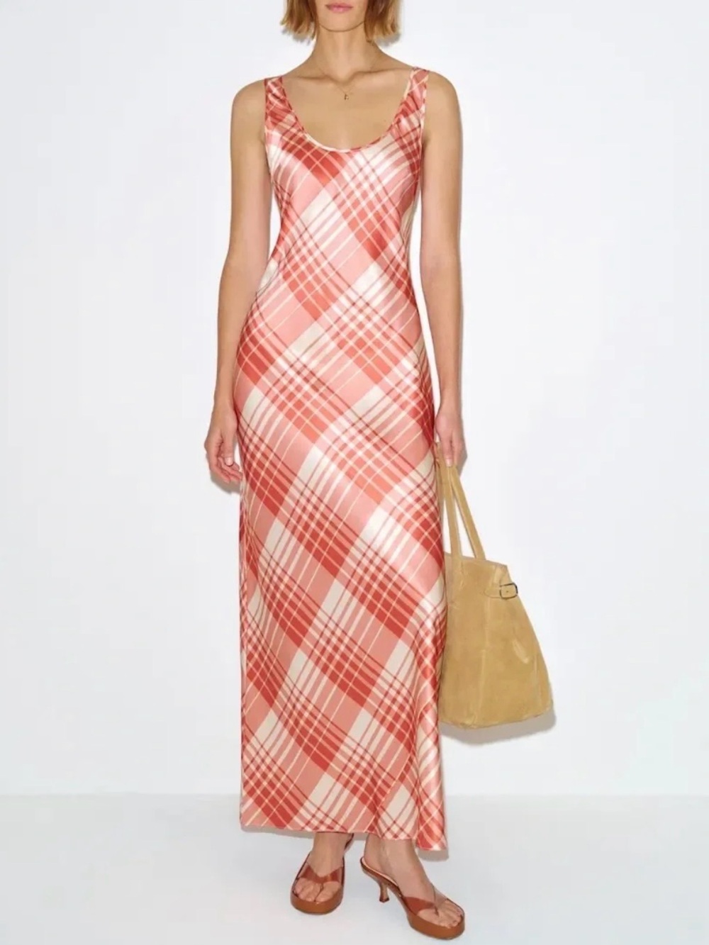 Reformation Pamela Silk Dress in guava Plaid, NEW WITHOUT TAGS, NEVER WORN.